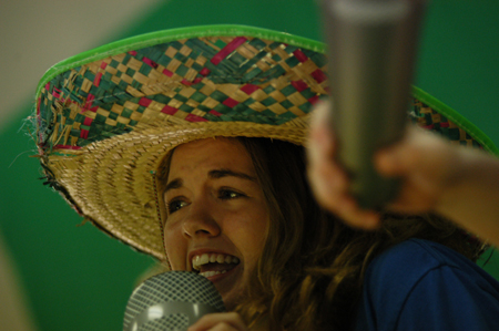 Sophomore Emily Staats gets into character in a green screen music video during Fall Fest '04. - Photo by Jonathan Blair
