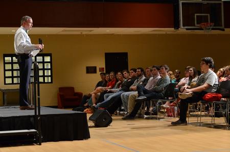 Students gather for Abraham's Altar, a Greek Week event, to hear President Dub Oliver speak. - Photo by Meg Rushing