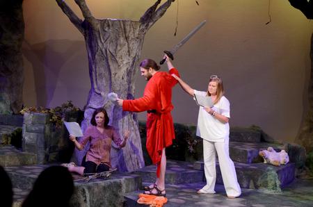 The History of the English Language class of Gavin Richardson, professor of english, performs a play titled "Abraham and Isaac" for the Scholarship Symposium. - Photo by Meg Rushing