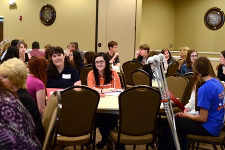 New students mingle after checking into orientation in the Carl Grant Events Center. - Photo by Meg Rushing