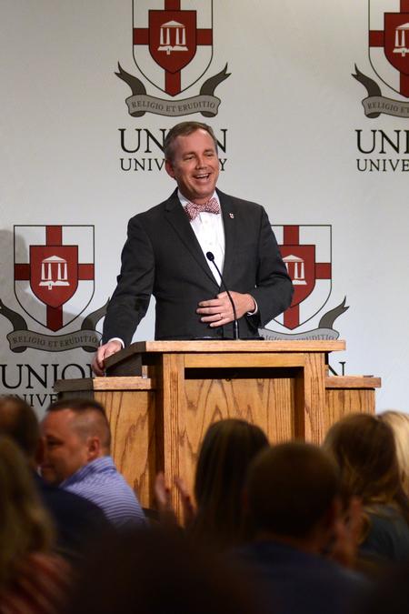 Dub Oliver, university president, welcomes new students and parents and expresses his excitement for the Union University class of 2019 in the Carl Grant Events Center. - Photo by Meg Rushing