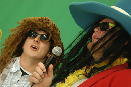 Freshman William White and sophomore Brandon Thornsberry make a music video at Fall Fest 2004. - Photo by Jonathan Blair