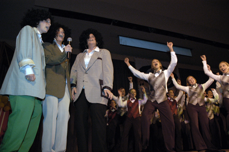 Linsay Grace Brown, Allison Barnwell & Tori Shackelford sang <i>Stayin' Alive</i> for Chi Omega during All-Sing 2004. - Photo by Kathleen Murray
