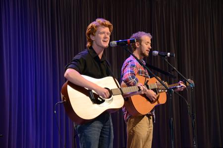 Connor Johnson, junior christian studies major, and Zach Lancaster senior art major, leads music in the G.M. Savage Memorial Chapel. - Photo by Elizabeth Wilson