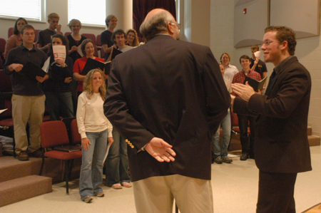 Jeremy Warner, senior music theory major, presented "Give Me Jesus: A Study of an African-Amercian Spiritual for Choral Rehearsal" and conducted the University Singers with direction from his faculty advisor, Dr. Richard Joiner, chair of the department of music. - Photo by Kristen Nicole Sayres