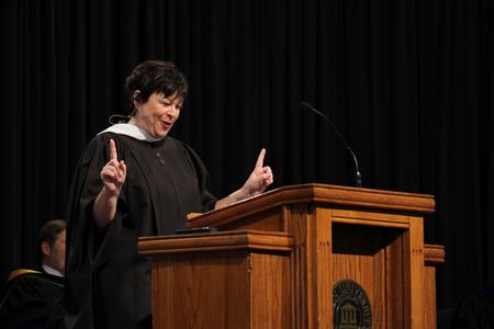 Ashley Blair, assistant professor of communication arts and faculty member of the year, delivers the chapel address. - Photo by Sol Bee Park