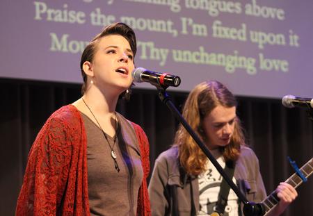 Abigail Kerr, junior interdisciplinary studies major, and Beau Williams, senior english major, lead worship during chapel. - Photo by Sol Bee Park