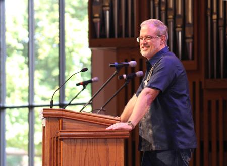Dan Lancaster, assistant vice president for university ministries, speaks in chapel about how we are called to not only go and spread the gospel, but also train others to be evangelical missionaries.  - Photo by Sol Bee Park