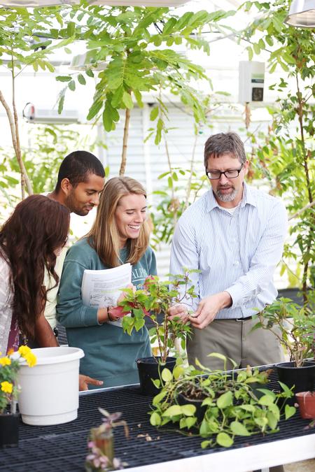 Michael Schiebout, assistant professor of biology, shows students several plants in the greenhouse during botany lab. - Photo by Kristi McMurry Woody