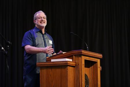 Dan Lancaster, assistant vice president for university ministries, speaks during Day at the U chapel on ministry and "going." - Photo by Kristi McMurry Woody
