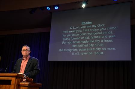 Todd Brady reads the scripture in chapel, before Jeff Iorg speaks in the G.M. Savage Memorial Chapel - Photo by Elizabeth Wilson