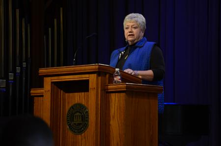 Cathy Moore introduces Dr. Jeff Iorg, president of Golden Gate Seminary, as the speaker for the day in chapel. - Photo by Elizabeth Wilson