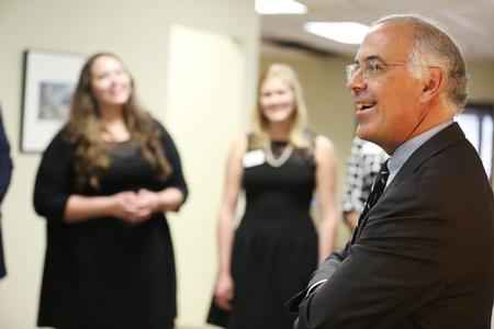 David Brooks, keynote speaker for the 18th annual Scholarship Banquet, talks to students before the event. - Photo by Kristi McMurry Woody