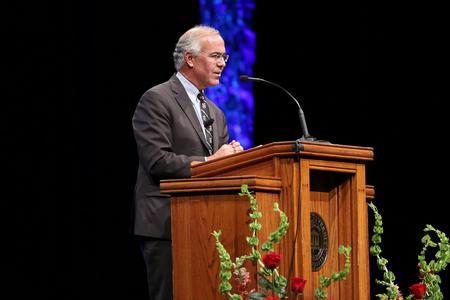 David Brooks, New York Times columnist and author, speaks to guests of the 18th annual Scholarship Banquet at the Civic Center. - Photo by Kristi McMurry Woody
