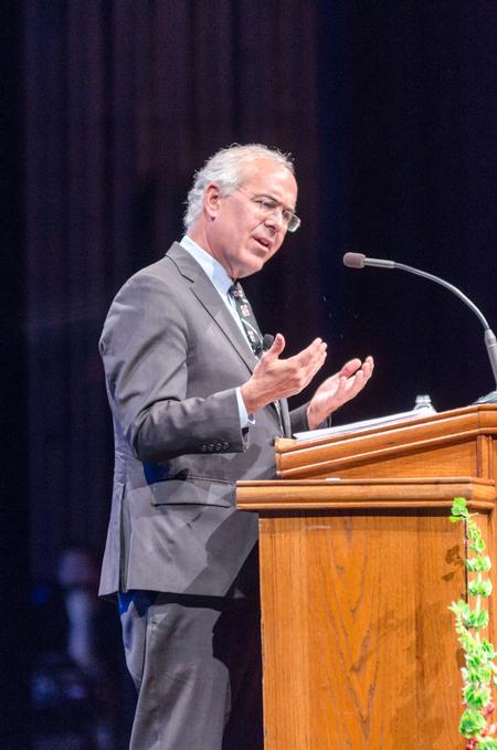 David Brooks engages the crowd at the 18th annual Scholarship Banquet held in the Carl Perkins Civic Center. - Photo by David Parks