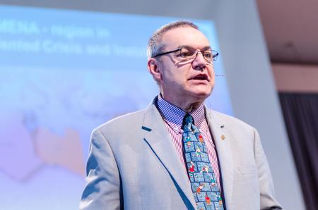 Rex Rogers, president of SAT-7 USA, opens his address on "A Different Perspective on the Middle East" in the G.M. Savage Memorial Chapel. - Photo by David Parks