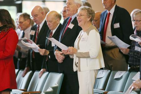 Members of the class of 1966 sing a hymn during Homecoming chapel, where they were all recognized with a medallion. - Photo by Kristi McMurry Woody