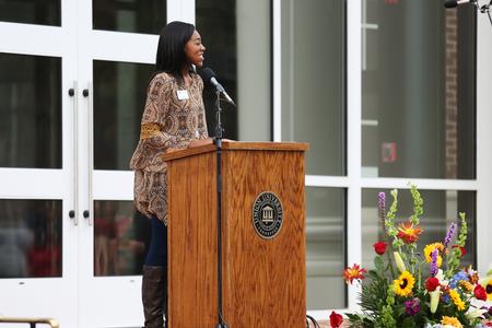 H.J., SGA president, addresses her classmates and guests at the dedication of The Logos during Homecoming weekend.  - Photo by Kristi McMurry Woody