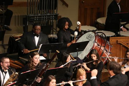 The percussion section of Symphonic Band performs during the fall concert.  - Photo by Kristi McMurry Woody