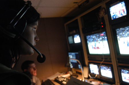 Senior broadcasting major April Houston directs Union's first live broadcasts of the basketball games.  The games are being carried on the E Plus channel, offered through Jackson Energy Authority's cable service.  - Photo by Kristen Nicole Sayres