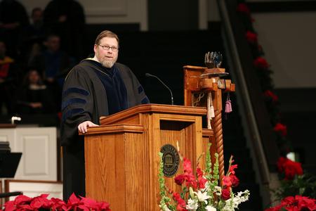 C. Ben Mitchell, provost and vice president for academic affairs, gives a commencement address titled "The Fullness of Time Has Come." - Photo by Kristi McMurry Woody