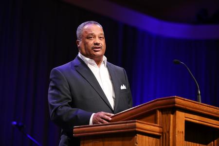 Fred Luter, senior pastor of Franklin Avenue Baptist Church, delivers the message at the main session on the West Tennessee Evangelism Rally. - Photo by Kristi McMurry Woody