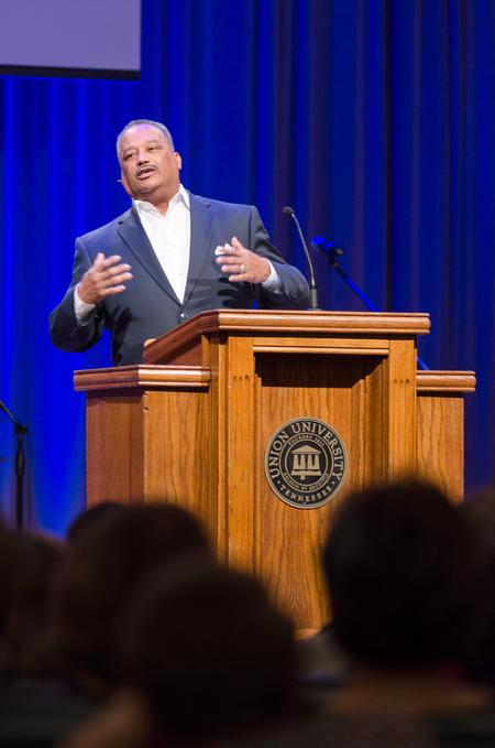 Fred Luter, senior pastor at Franklin Avenue Baptist Church in New Orleans, Louisiana, begins his message for the West Tennessee Evangelism Rally in the G.M. Savage Memorial Chapel. - Photo by David Parks