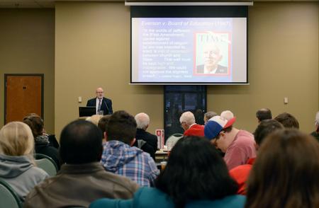 Daniel Dreisbach speaks during the Provost's Lecture in the Brewer Dining Hall. - Photo by MiKalla Cotton
