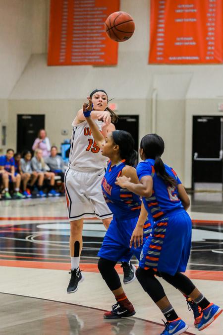 Chelsea Bodiford passes to a teammate during the first round game of the Gulf South Conference Tournament against the University of West Georgia. - Photo by Kristi McMurry Woody