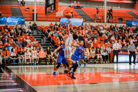 Jada Perkins goes for a layup during the first round game of the Gulf South Conference Tournament against the University of West Georgia. - Photo by Kristi McMurry Woody