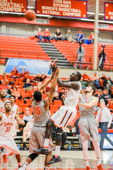 Serigne Mboup goes up for a shot during the first round game of the Gulf South Conference Tournament against Valdosta State.  - Photo by Kristi McMurry Woody