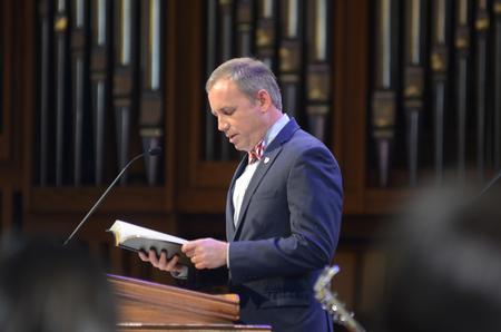 Dub Oliver, president of the university, speaks in chapel about God's command to be strong and courageous.   - Photo by Gretchen Foels
