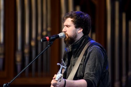 Nathan Shoemaker, senior music major, sings at chapel.  - Photo by Gretchen Foels