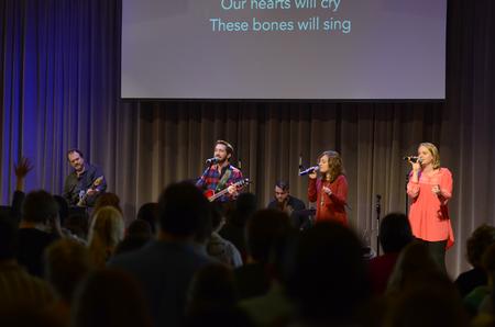 Band members lead worship with Travis Cotrell, worship leader at Englewood Baptist Church, during a worship chapel service in the G.M. Savage Memorial Chapel. - Photo by MiKalla Cotton