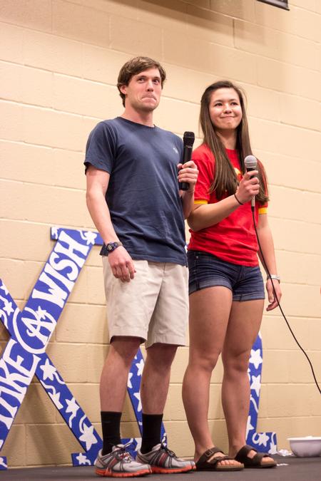 Caleb Bernui, junior biology major, and Morgan Morfe, senior social work major, cover "I'll Make A Man Out Of You" from Disney's <i>Mulan</i> at Chi Omega's Pancakes & Karaoke Party. - Photo by David Parks