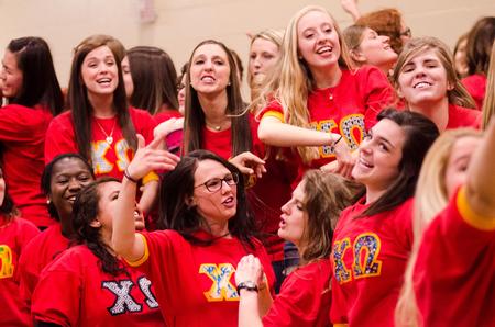 Chi Omega sorority sisters have a memorable time at their Pancakes & Karaoke Party.  - Photo by David Parks