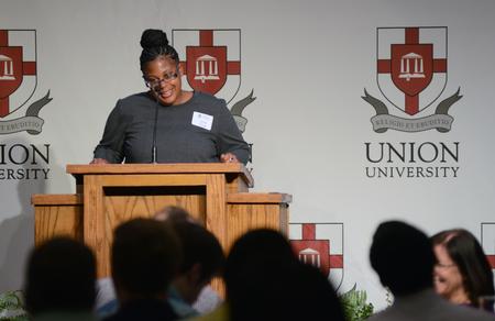 Taylor Flood, EDGE student, speaks during the EDGE Banquet in the Grant Events Center. - Photo by MiKalla Cotton