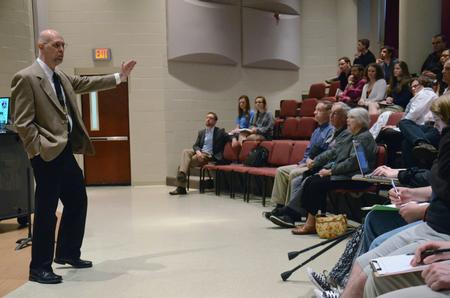 Jerry Walls, scholar in residence and professor of philosophy at Houston Baptist University, gives a lecture entitled “The Lion is Real: C.S. Lewis’s Case for Christianity” in Hartley Recital Hall. - Photo by MiKalla Cotton