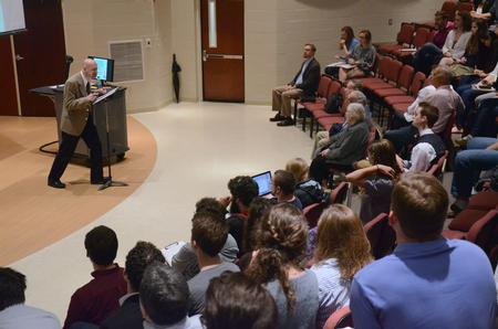 Jerry Walls, scholar in residence and professor of philosophy at Houston Baptist University, gives a lecture entitled “The Lion is Real: C.S. Lewis’s Case for Christianity” in Hartley Recital Hall. - Photo by MiKalla Cotton