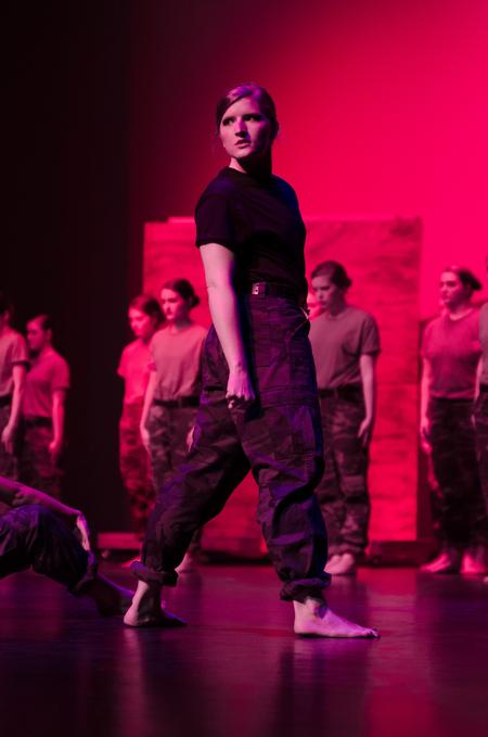 Meg Rushing, senior public relation major, performs as a soldier in the 2016 SAC Variety Show for Chi Omega.  - Photo by Gretchen Foels