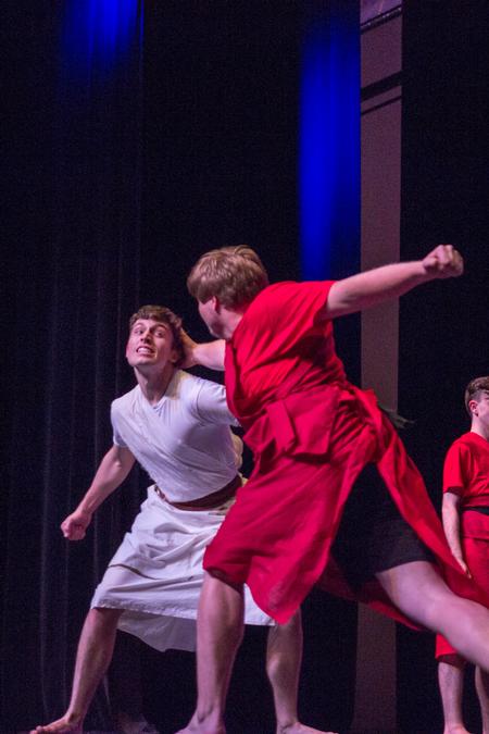 Mason Ross, senior business major, duels with a Roman soldier in Alpha Tau Omega's Variety Show performance. - Photo by David Parks