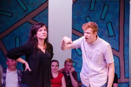 Abbey Peecher, sophomore music major, and Jonathan Bowman, sophomore biology major, portray husband and wife at the Blank Slate Improv "Dub" Show.  - Photo by Gretchen Foels