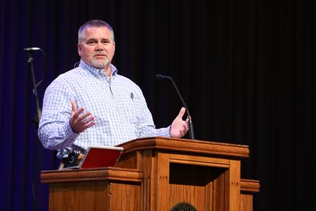 Chris Hail, professor of mathematics, gives the address during chapel. - Photo by Kristi McMurry Woody