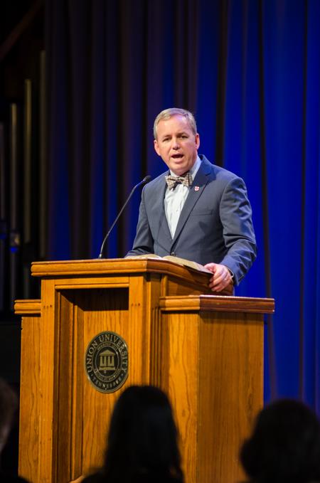 Dub Oliver, president of the university, speaks about pro-life during chapel. - Photo by Gretchen Foels