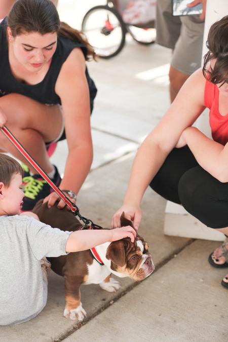Students pet Buster at Residence Life Field Day outside the Bowld Student Commons. - Photo by Kristi McMurry Woody