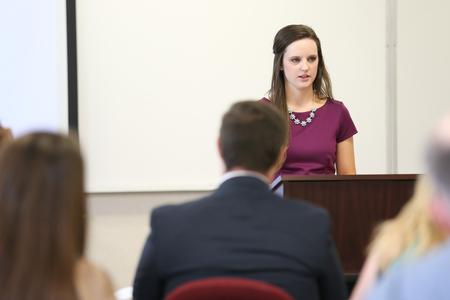 MiKalla Cotton, senior Christian ministry and missions major, gives her presentation for the Scholarship Symposium. - Photo by Kristi McMurry Woody