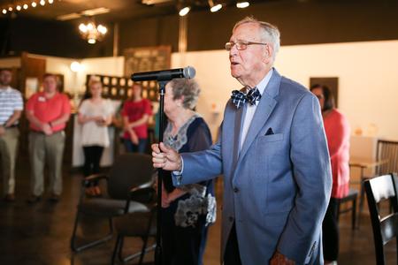 Hyran Barefoot, former president of the university, tells a few stories about the beginnings of the Student Union Building, which was named after him 20 years ago. - Photo by Kristi McMurry Woody