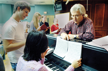 David Burke and the cast rehearse for <i>Alexander and the Terrible,Horrible, No Good, Very Bad Day,</i> which was presented by the Union University Players Nov. 15-18. - Photo by Kristen Hiller