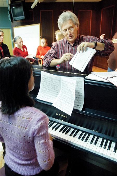 David Burke leads the choral rehearsal for <i>Alexander and the Terrible,Horrible, No Good, Very Bad Day,</i> which was presented by the Union University Players Nov. 15-18. - Photo by Kristen Hiller