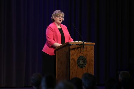 Norma Gerrell, chair of the department of education studies at UT Martin and Union parent, gives the address at the Graduate Commissioning Service.  - Photo by Kristi McMurry Woody